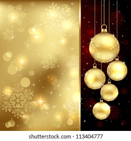 Background with Christmas baubles and snowflakes, illustration.