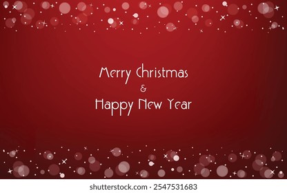 Fundo para o conceito de Natal, bokeh neve caindo com estrelas cintilantes no fundo vermelho com texto: Feliz Natal e Feliz Ano Novo.