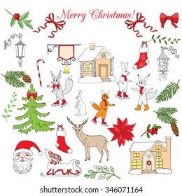 Background with Christmas decoration. Hand drawn set elements with poinsettia,  mistletoe and bow. Vector  Illustration