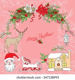 Background with Christmas decoration. Hand drawn elements with poinsettia,  mistletoe and bow. Vector  Illustration