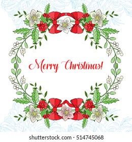 Background with Christmas decoration. Hand drawn bouquet elements with poinsettia and mistletoe. Vector  Illustration