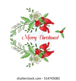 Background with Christmas decoration. Hand drawn bouquet elements with poinsettia and mistletoe. Vector  Illustration
