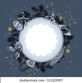 Background with Christmas decorations. Composition circle with New Year's attributes. Template for greeting cards, invitations, posters, flyers. Hand-drawn vector illustration.