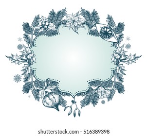 Background with Christmas decorations. Composition with New Year's attributes. Template for greeting cards, invitations, posters, flyers. Hand-drawn vector illustration.
