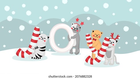 Background for Christmas design. JOY. The letters are in the form of candies that the kittens are holding. Vector illustration.