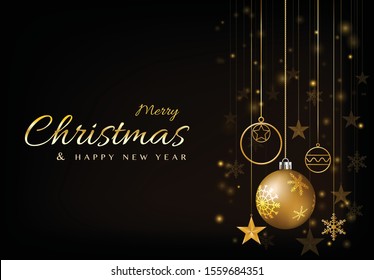 Background Christmas design with snowflake, star, ball glowing glittering golden. Christmas headers, website, poster, greeting cards.