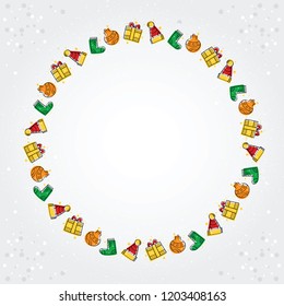Background with Christmas designs with colorful socks and gifts