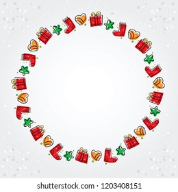 Background with Christmas drawings with gifts and hearts in the shape of a circle