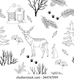 Background with Christmas forest. Hand drawn elements with deer and Christmas tree. Vector  Illustration