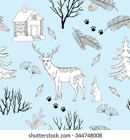 Background with Christmas forest. Hand drawn elements with deer and Christmas tree. Vector  Illustration