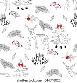 Background with Christmas forest. Hand drawn elements with deer and Christmas tree. Vector  Illustration