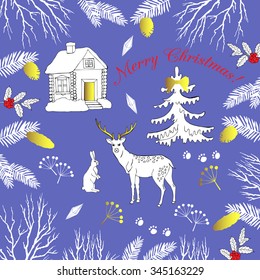 Background with Christmas forest. Hand drawn elements with deer and Christmas tree. Vector  Illustration