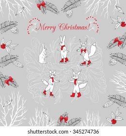 Background with Christmas forest. Hand drawn elements with deer and Christmas tree. Vector  Illustration