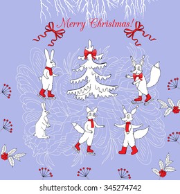 Background with Christmas forest. Hand drawn elements with deer and Christmas tree. Vector  Illustration
