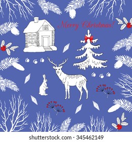 Background with Christmas forest. Hand drawn elements with deer and Christmas tree. Vector  Illustration