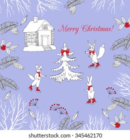 Background with Christmas forest. Hand drawn elements with deer and Christmas tree. Vector  Illustration