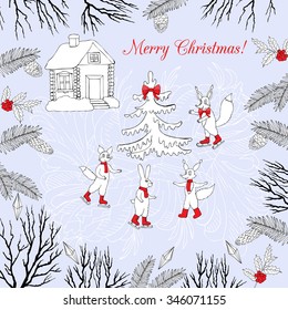 Background with Christmas forest. Hand drawn elements with  Christmas tree. Vector  Illustration