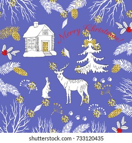 Background with Christmas forest. Hand drawn elements with deer and Christmas tree. Vector  Illustration