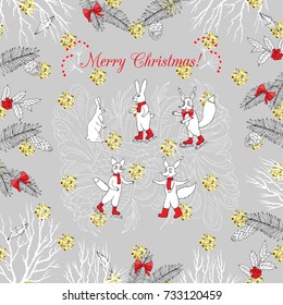 Background with Christmas forest. Hand drawn elements. Vector  Illustration