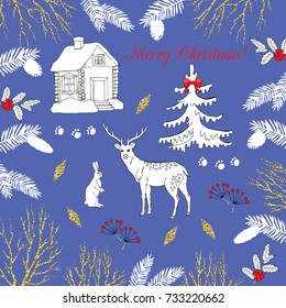 Background with Christmas forest. Hand drawn elements with deer and Christmas tree. Vector  Illustration