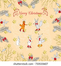 Background with Christmas forest. Hand drawn elements with Christmas tree. Vector  Illustration