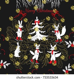 Background with Christmas forest. Hand drawn elements with  Christmas tree. Vector  Illustration