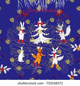 Background with Christmas forest. Hand drawn elements with  Christmas tree. Vector  Illustration