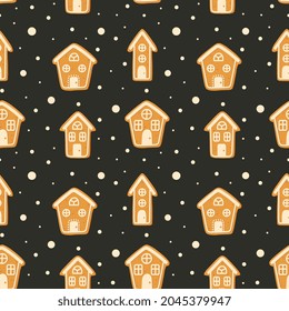 Background with Christmas gingerbread house on black background. Winter holiday food. Seamless christmas pattern. Perfect for wrapping paper, greeting cards, textile.