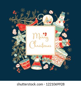 Background with Christmas golden cards with present, snowman, candy and tree. Vector hand drawn illustration