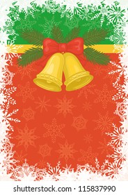 Background for Christmas holiday design: gold bells, pine branch and snowflakes. Eps10, contains transparencies. Vector