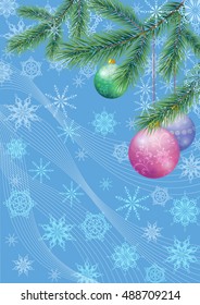 Background for Christmas Holiday Design, Green Fir Coniferous Branches, Glass Balls and Outline Snowflakes. Eps10, Contains Transparencies. Vector