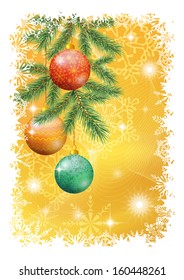Background for Christmas holiday design: spruce branches, balls, stars and snowflakes. Eps10, contains transparencies. Vector