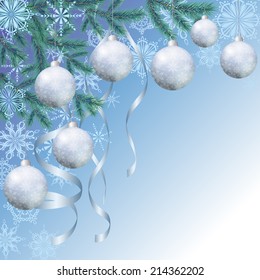 Background for Christmas holiday design, spruce branches, balls, streamers and snowflakes on blue. Eps10, contains transparencies. Vector