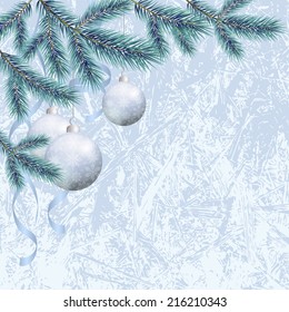 Background for Christmas holiday design, spruce branches and balls with snowflakes. Eps10, contains transparencies. Vector