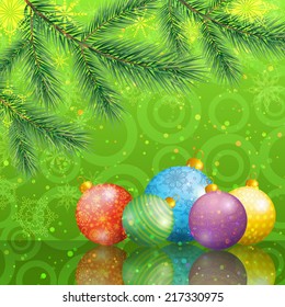 Background for Christmas holiday design, spruce branches and balls with snowflakes and ornament. Eps10, contains transparencies. Vector