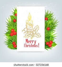  background with Christmas holly and candle, vector illustration