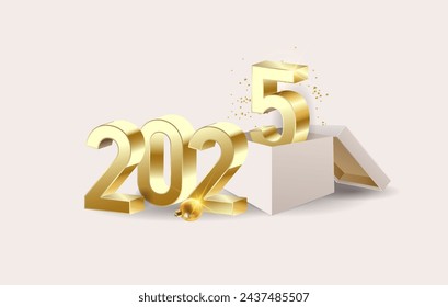 Hintergrund von Weihnachten und Neujahr 2025 mit Geschenkboxen. Die Zahl 5 blickt aus dem Kasten. Goldene 3 d Buchstaben des Feiertages. Die Bannervorlage.