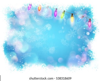 Background for Christmas and New Year. Bright, festive blue background with blur, garland and snowflakes. EPS 10 vector file included