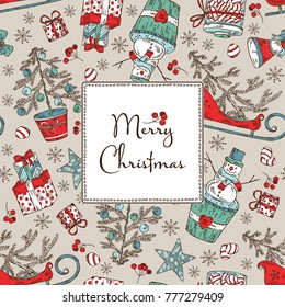 Background with Christmas and New Year cards with Christmas present, snowman, candy and tree. Vector hand drawn illustration