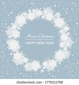 Background for Christmas and New Year - wreath made of shining snow flakes. Celebration circle frame decoration with snowflakes. Greeting festive Invitation - banner, poster, card.