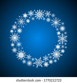 Background for Christmas and New Year - wreath made of shining snow flakes. Celebration circle frame decoration with snowflakes. Greeting festive Invitation - banner, poster, card.