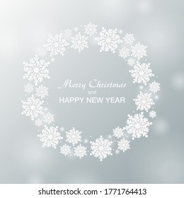 Background for Christmas and New Year - wreath made of shining snow flakes. Celebration circle frame decoration with snowflakes. Greeting festive Invitation - banner, poster, card.