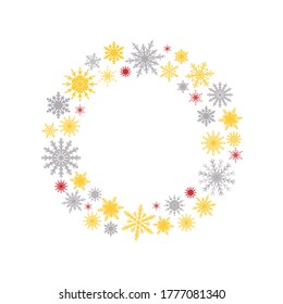 Background for Christmas and New Year - wreath made of shining colorful snow flakes. Celebration circle frame decoration with snowflakes. Greeting festive Invitation - banner, poster, card.