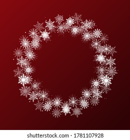 Background for Christmas and New Year - wreath made of shining snow flakes. Celebration circle frame decoration with snowflakes. Greeting festive Invitation - banner, poster, card.