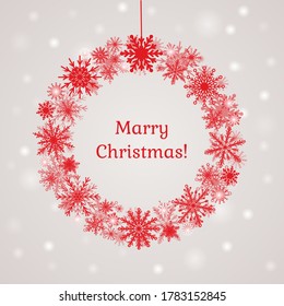 Background for Christmas and New Year - wreath made of shining red snow flakes. Celebration circle frame decoration with snowflakes. Greeting festive Invitation - banner, poster, card.