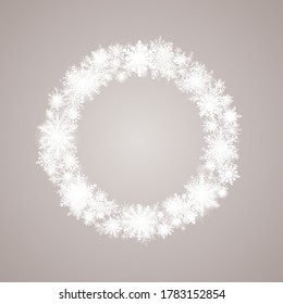 Background for Christmas and New Year - wreath made of shining snow flakes. Celebration circle frame decoration with snowflakes. Greeting festive Invitation - banner, poster, card.