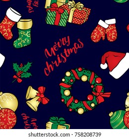 Background of Christmas objects - a wreath, balls, ornaments, gifts, socks, boots, a Santa Claus hat, a holly branch, gloves and bells with a bow. Vector illustration.