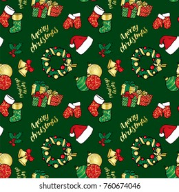 Background of Christmas objects - a wreath, balls, ornaments, gifts, socks, boots, a Santa Claus hat, a holly branch, gloves and bells with a bow. Vector illustration.