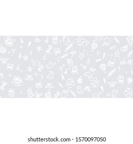 Background with Christmas pattern card, tree, snowman, snowflakes, present boxes, hats, sock, toy's hand drawn illustrations.