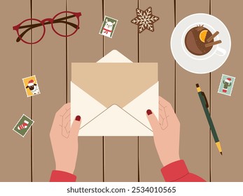 Plano de fundo da preparação de Natal com carta nas mãos da vista superior com espaço de cópia. Ilustração vetorial para saudações de feriado, planejamento festivo e projetos sazonais